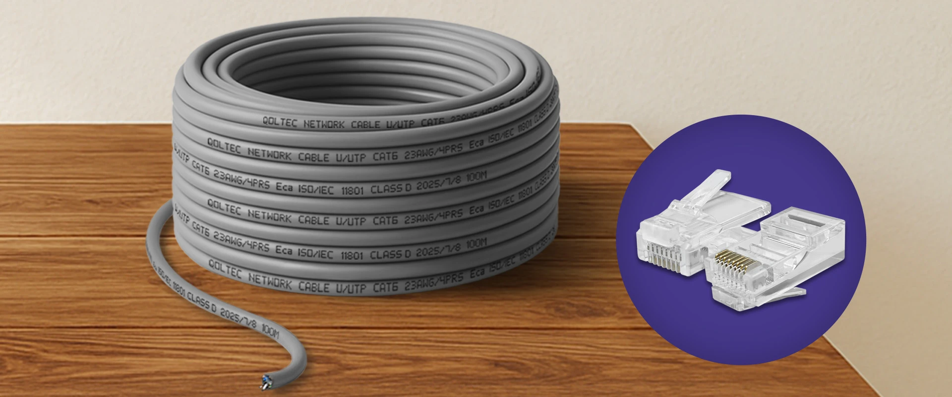 Qoltec Kabelis Patchcord sieciowy skrętka UTP| Miedziany Cu |CAT6 | High speed 1Gb/s | LAN | 100m | pilka aprašymas - Prekės nuotrauka