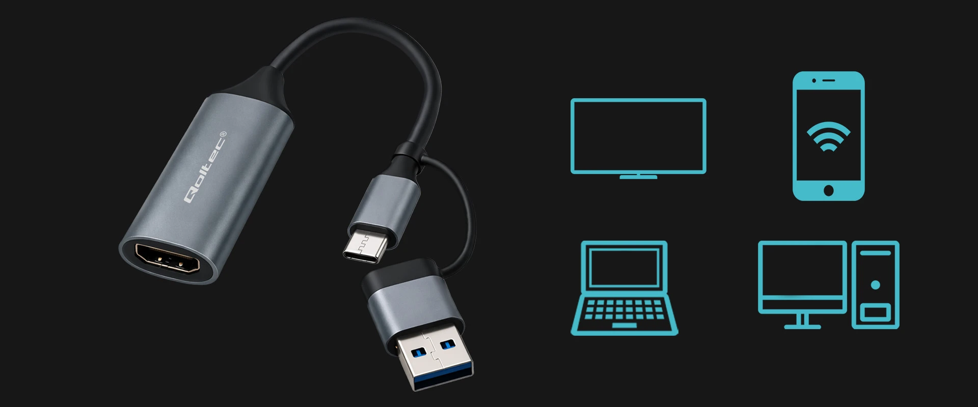 „Qoltec“ vaizdo įrašymo plokštė | USB-C ir USB-A adapteriai | HDMI | 4K 30Hz | Aliuminio aprašymas - Prekės nuotrauka