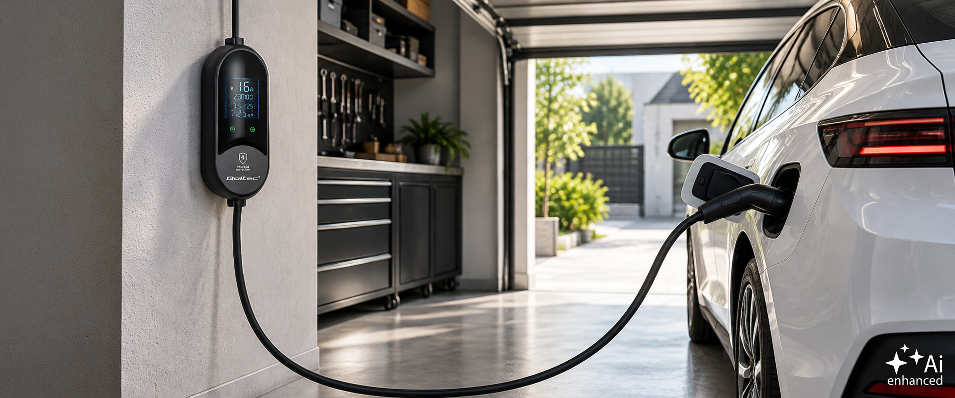 Qoltec Mobilna kroviklis automobiliui elektrycznego EV i hybryd su regulacją 2w1 Typ2 | 3.5kW | 230V | SCHUKO 16A | LED | 5m aprašymas - Prekės nuotrauka