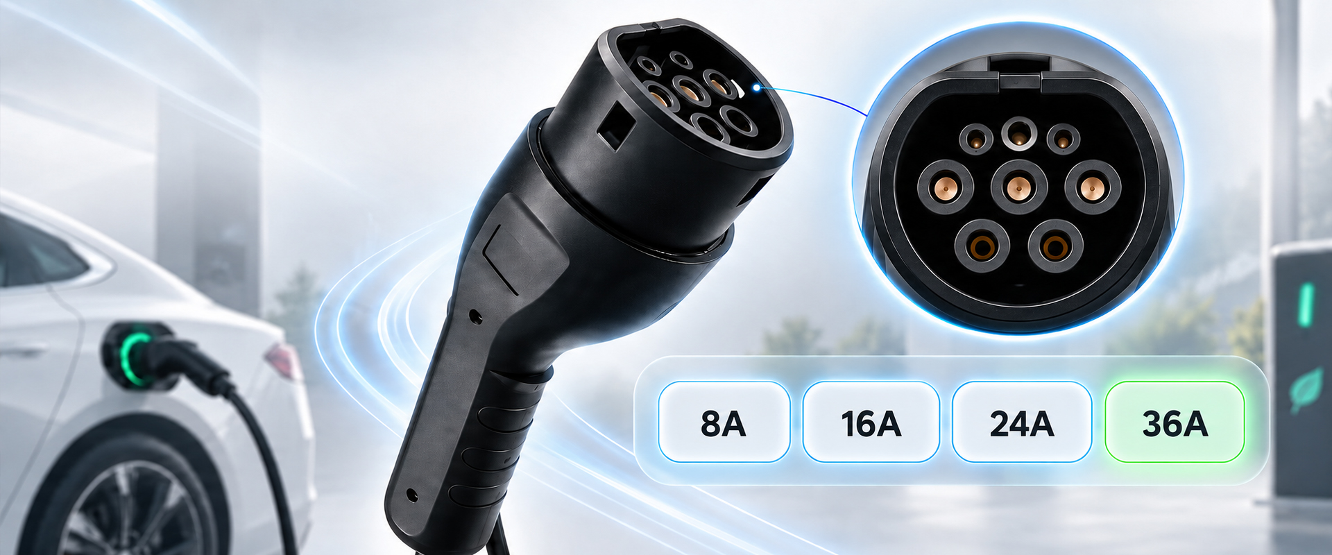 Qoltec Mobilna kroviklis automobiliui elektrycznego EV i hybryd su regulacją 2w1 Typ2 | 7kW | 230V | CEE 32A | LED | 5m aprašymas - Prekės nuotrauka