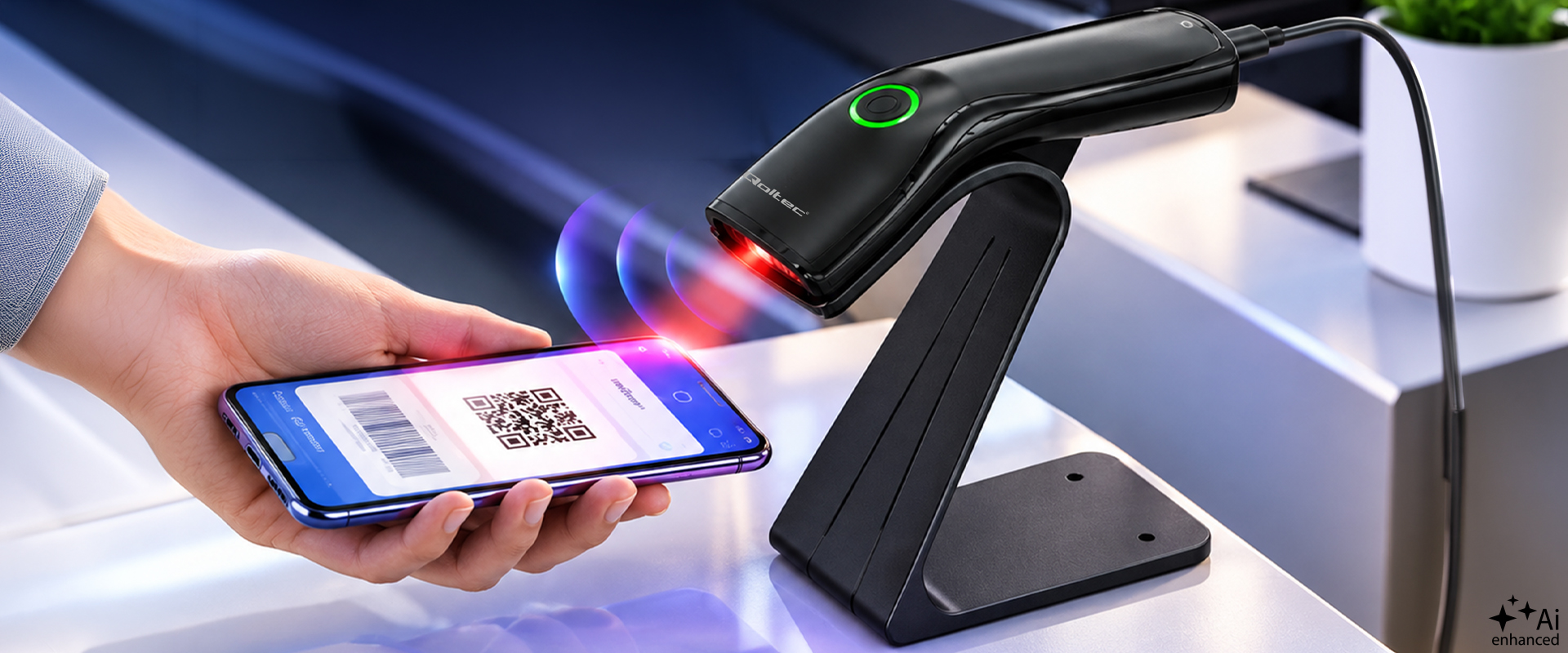 Qoltec Precyzyjny belaidis skaner czytnik kodów kreskowych 1D 2D + stojak na skaner | QR | EAN | USB aprašymas - Prekės nuotrauka