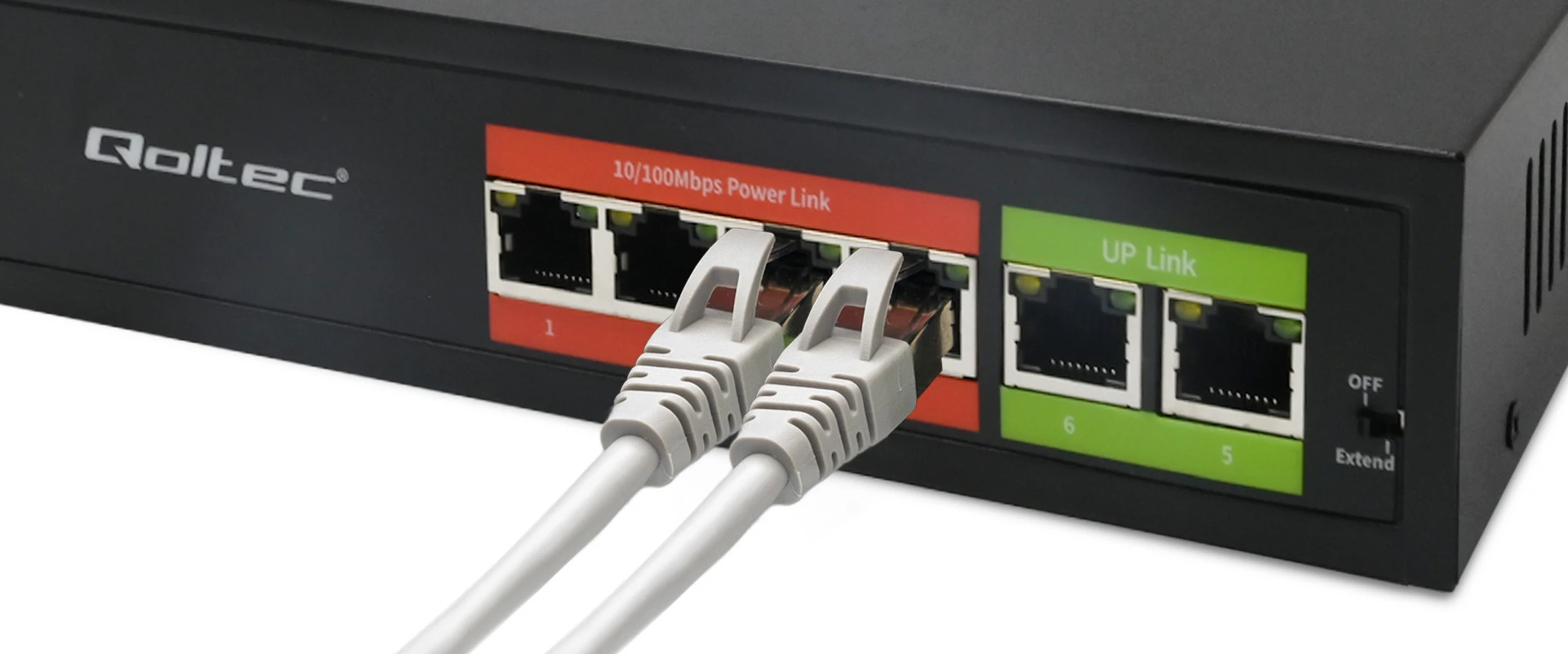 Šakotuvas Qoltec Przełącznik sieciowy SWITCH FAST Ethernet PoE | 4x RJ45 | 2x RJ45 Uplink | 65W | 10/100Mb/s aprašymas - Prekės nuotrauka