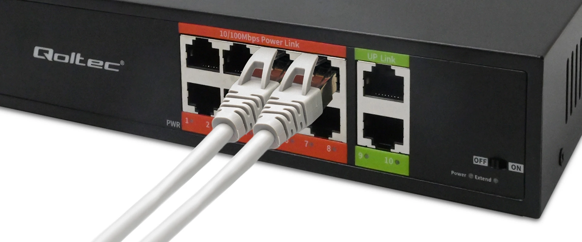 Šakotuvas Qoltec Przełącznik sieciowy SWITCH Fast Ethernet PoE | 8x RJ45 | 2x RJ45 Uplink | 120W | 10/100 Mb/s aprašymas - Prekės nuotrauka