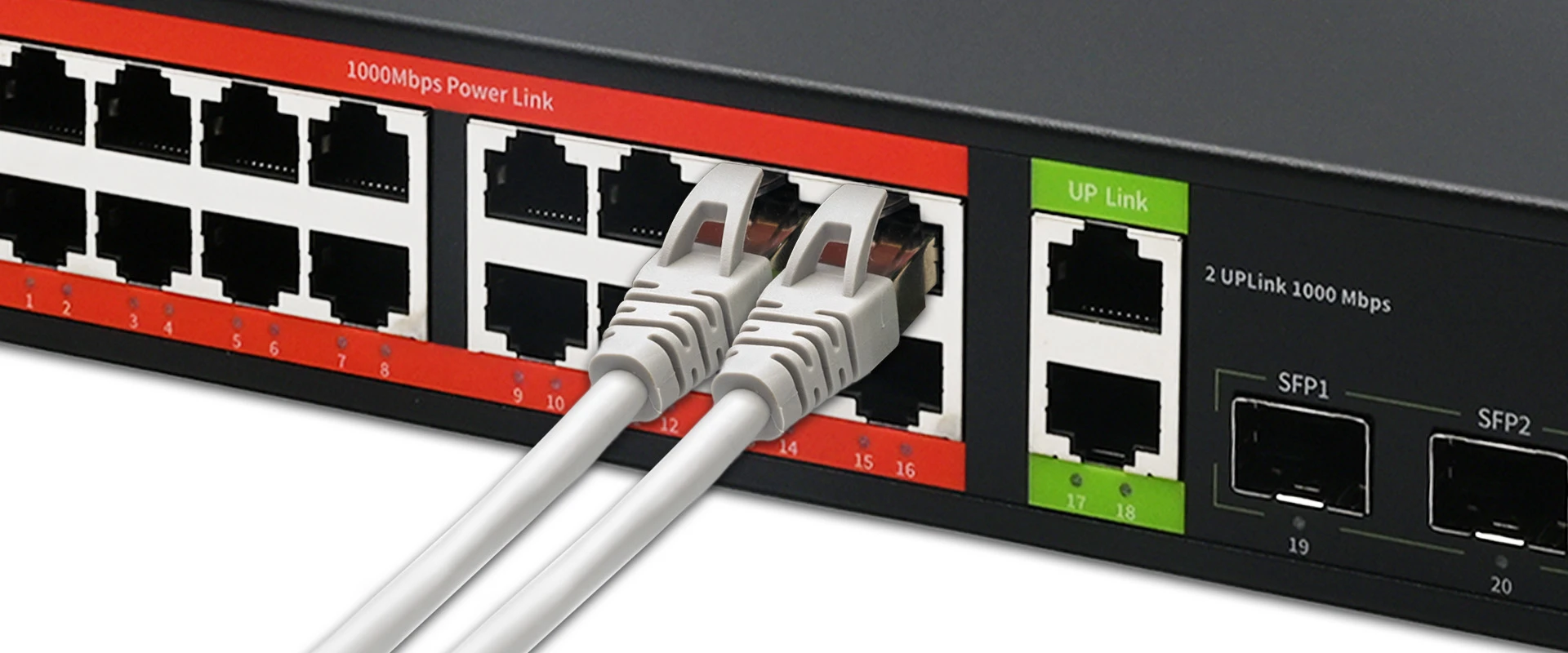 Šakotuvas Qoltec Przełącznik sieciowy SWITCH Gigabit Ethernet PoE | 16x RJ45 | 2x RJ45 Uplink | 2x SFP | 1000Mb/s aprašymas - Prekės nuotrauka