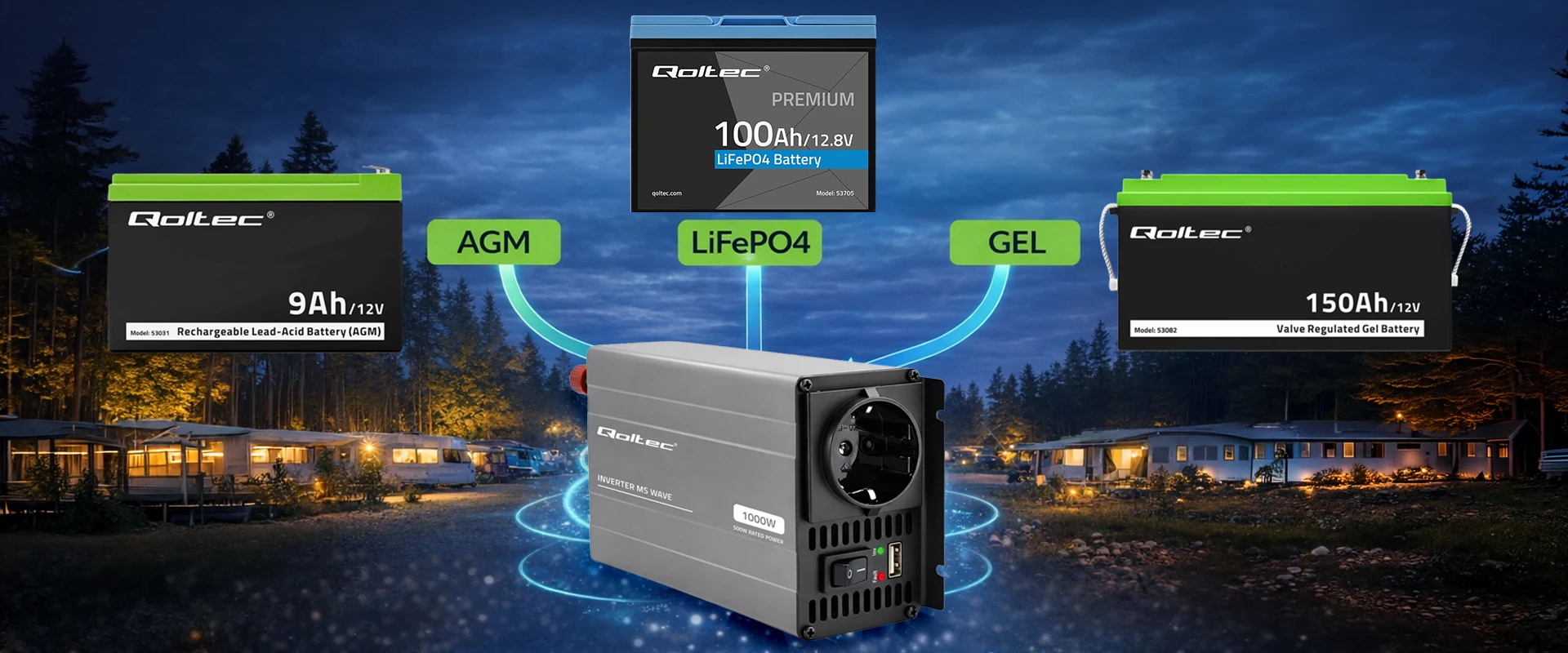 Qoltec Przetwornica napięcia MS Wave | 12V na 230V | 500/1000W | USB | Kompatybilna su LiFePO4 GEL AGM aprašymas - Prekės nuotrauka