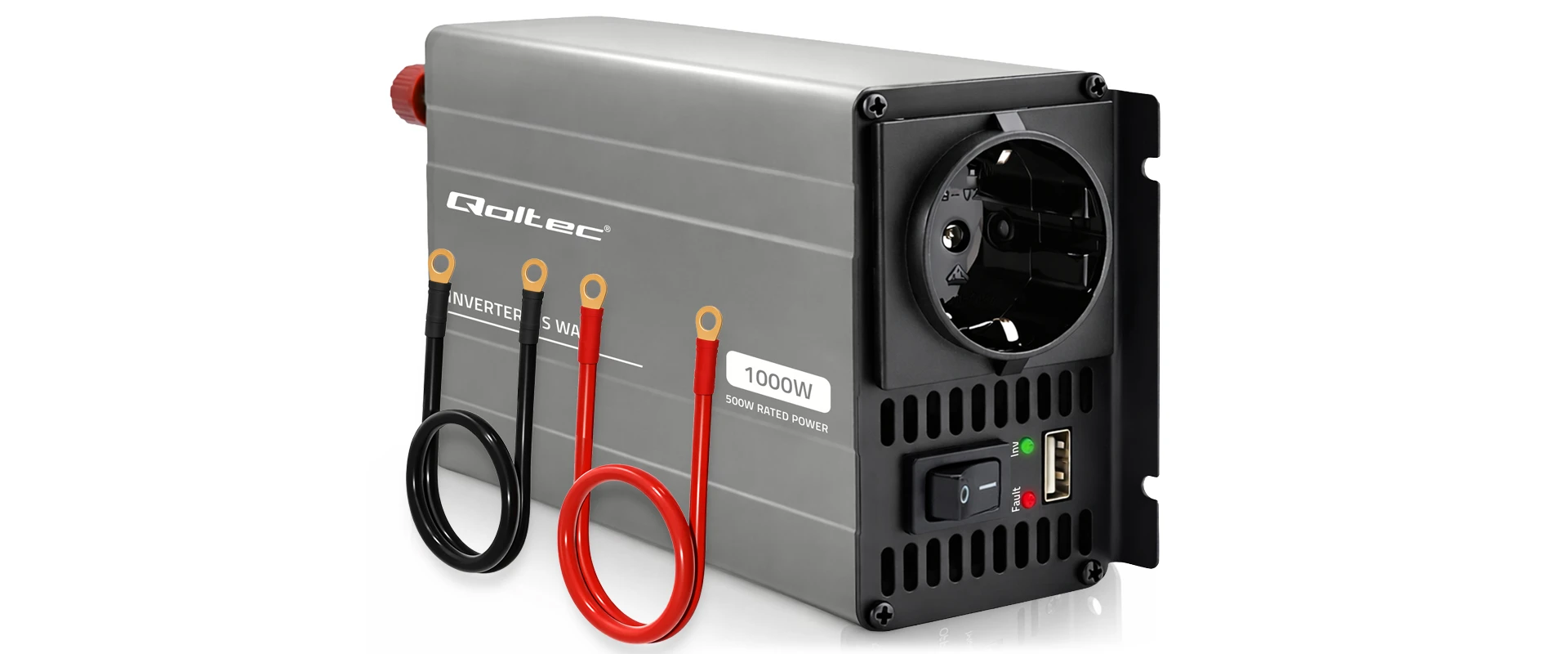 Qoltec Przetwornica napięcia MS Wave | 12V na 230V | 500/1000W | USB | Kompatybilna su LiFePO4 GEL AGM aprašymas - Prekės nuotrauka