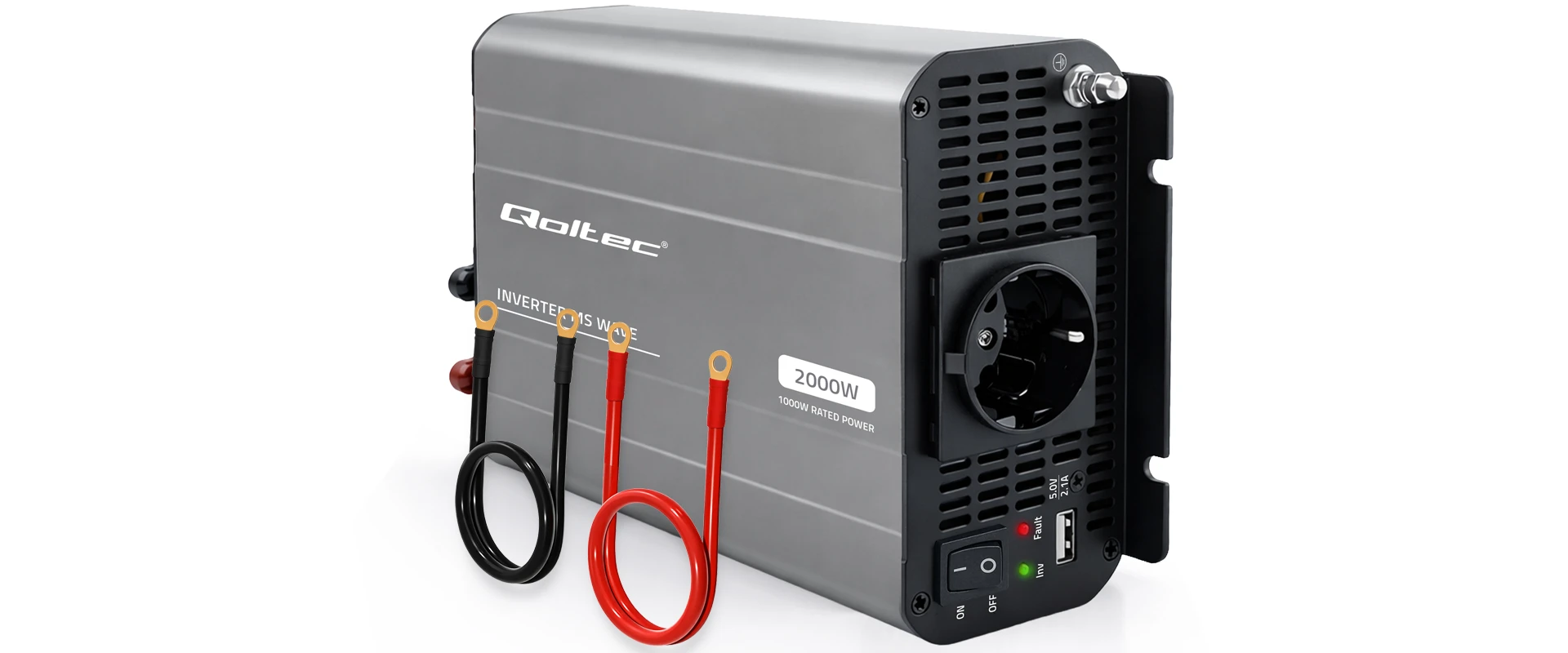 Qoltec Przetwornica napięcia MS Wave | 12V na 230V | 1000/2000W | USB | Kompatybilna su LiFePO4 GEL AGM aprašymas - Prekės nuotrauka