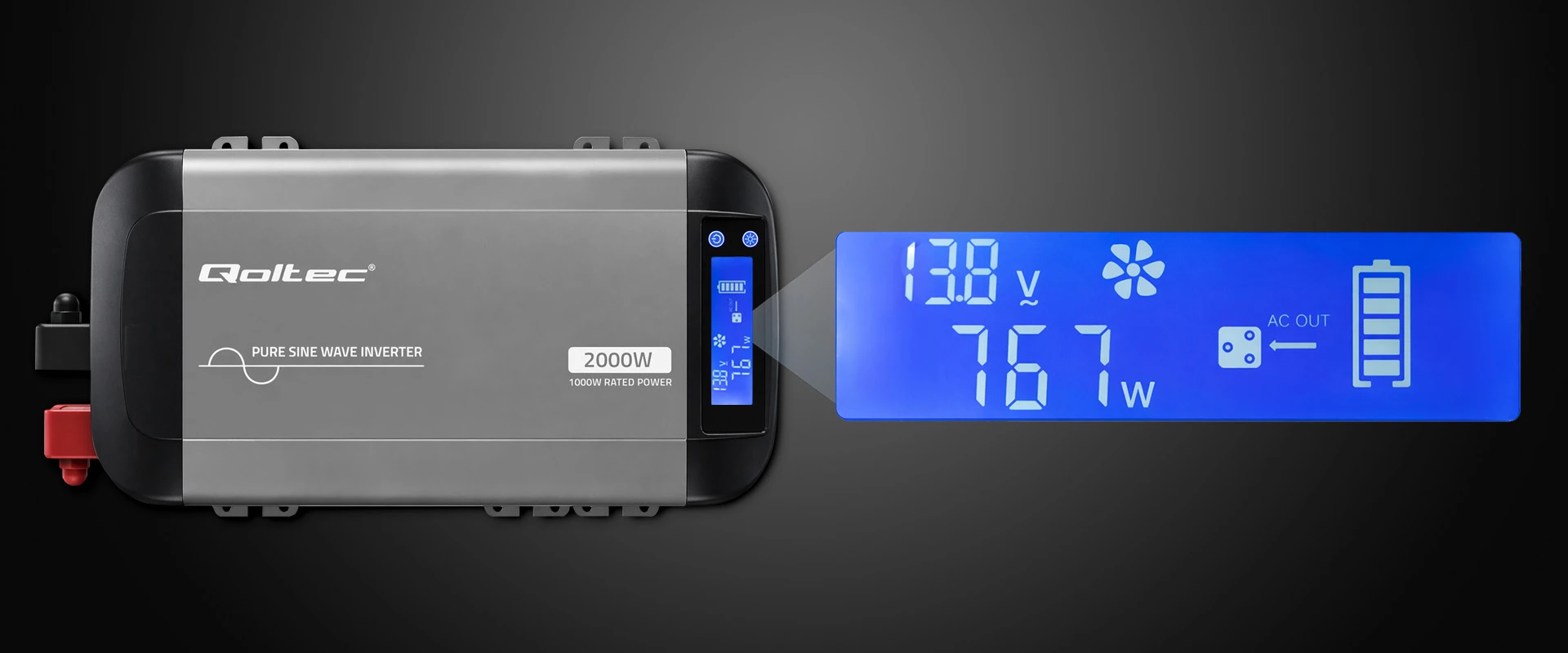 Qoltec Pure Sine Wave | 12V na 230V | 1000/2000W aprašymas - Prekės nuotrauka