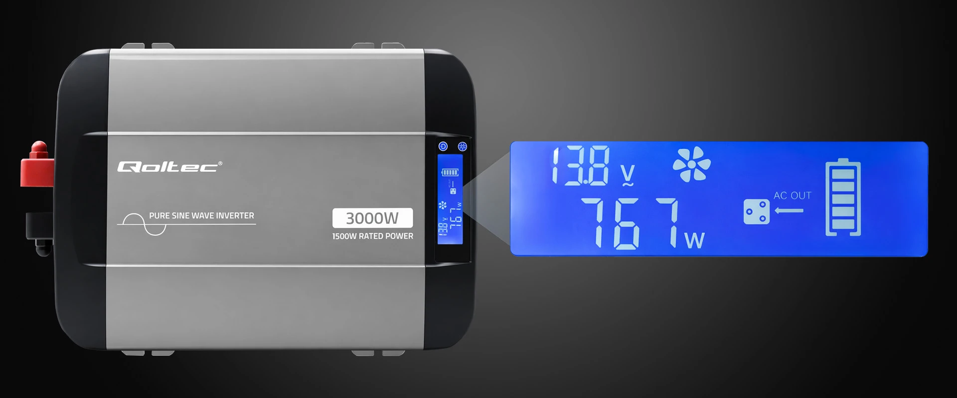 Qoltec Przetwornica napięcia Pure Sine Wave | 12V na 230V | 1500/3000W | LCD | USB | USB-C | Kompatybilna su LiFePO4 GEL AGM aprašymas - Prekės nuotrauka