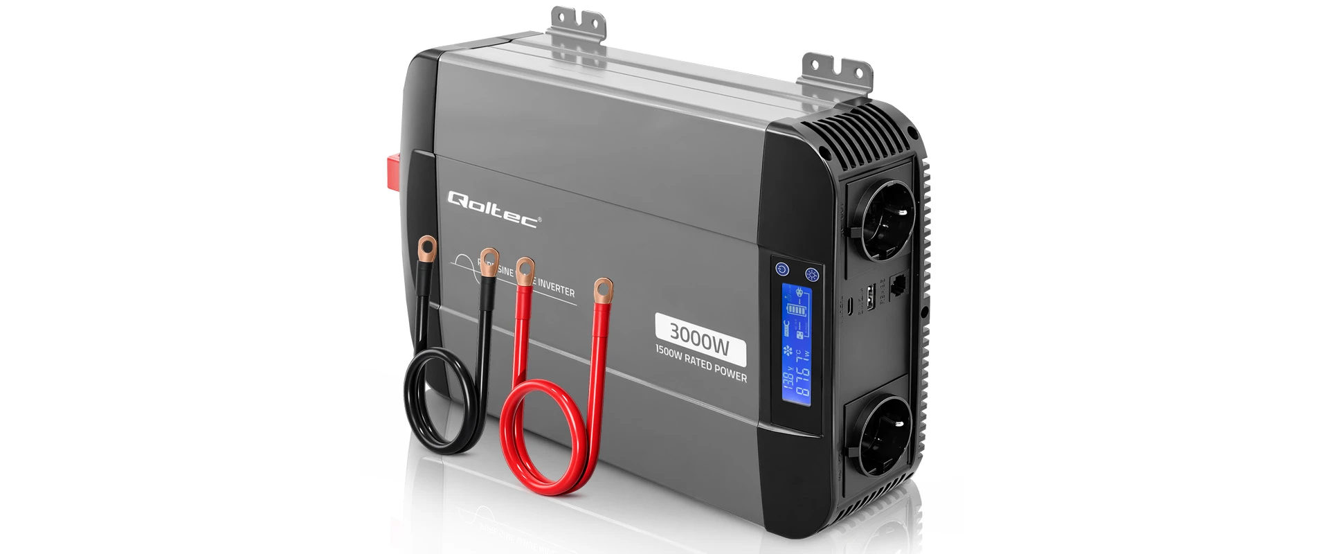 Qoltec Przetwornica napięcia Pure Sine Wave | 12V na 230V | 1500/3000W | LCD | USB | USB-C | Kompatybilna su LiFePO4 GEL AGM aprašymas - Prekės nuotrauka