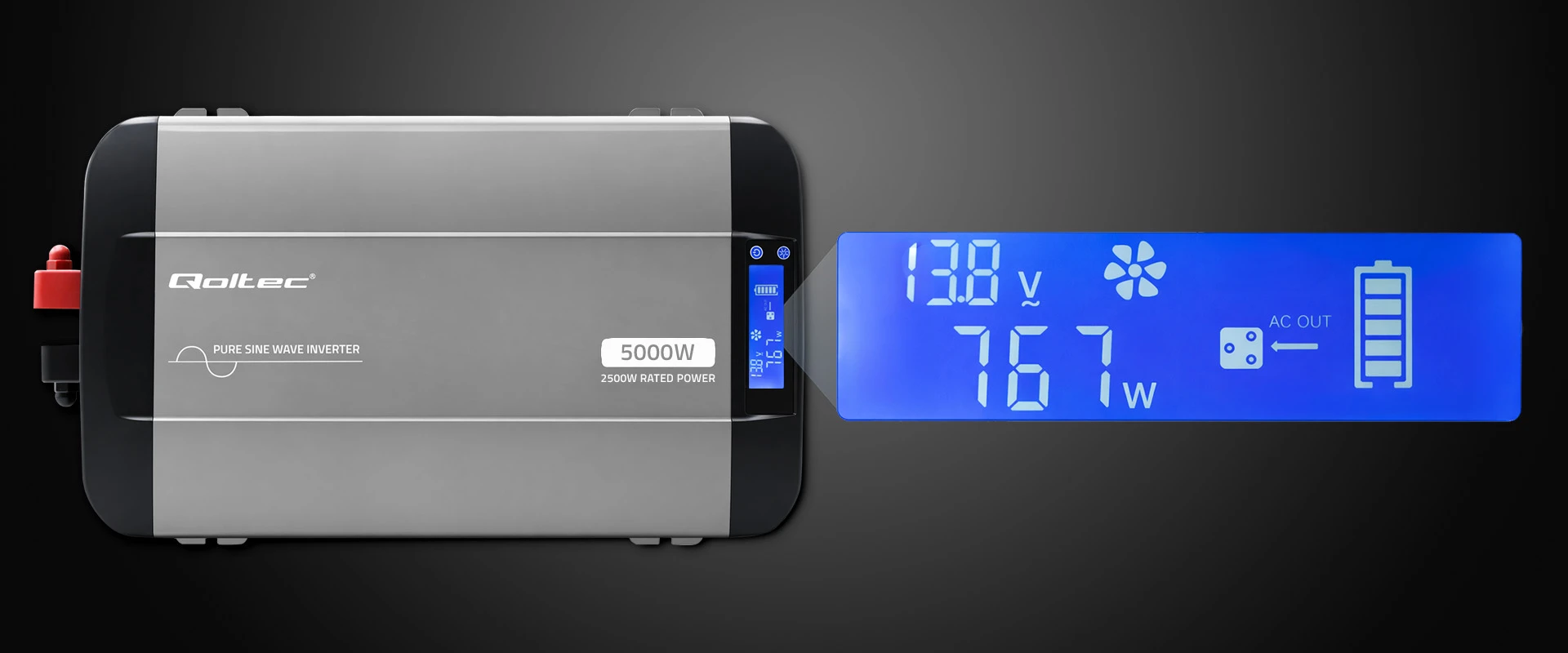 Qoltec Pure Sine Wave | 12V na 230V | 2500/5000W aprašymas - Prekės nuotrauka