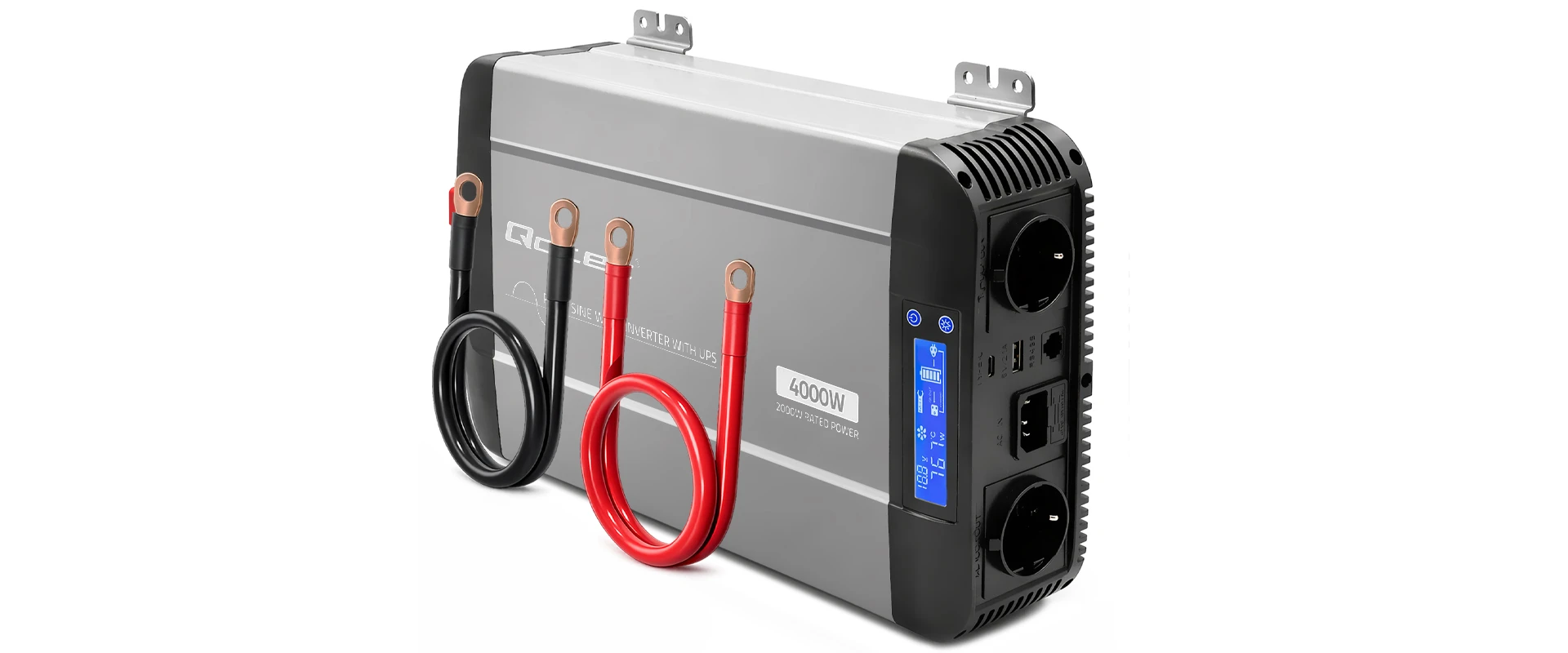 Qoltec Przetwornica napięcia Pure Sine Wave | 12V na 230V | 2000/4000W | UPS BYPASS | LCD | USB | USB-C | Kompatybilna su LiFePO4 GEL AGM aprašymas - Prekės nuotrauka