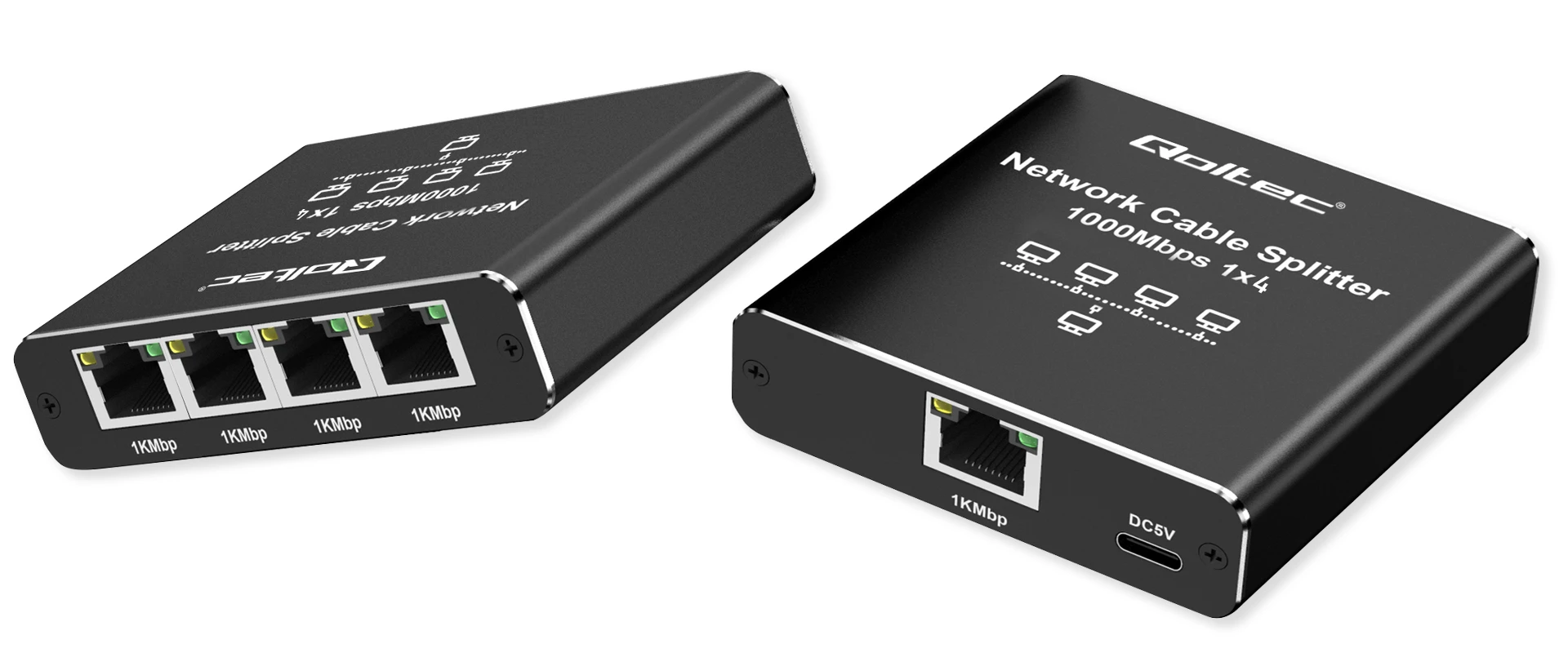 Šakotuvas „Qoltec Rozdzielacz“ skirstytuvas Ethernet mini jungiklis 1x4 RJ45 | 1000Mb/s | USB-C | Aliuminio aprašymas - Prekės nuotrauka