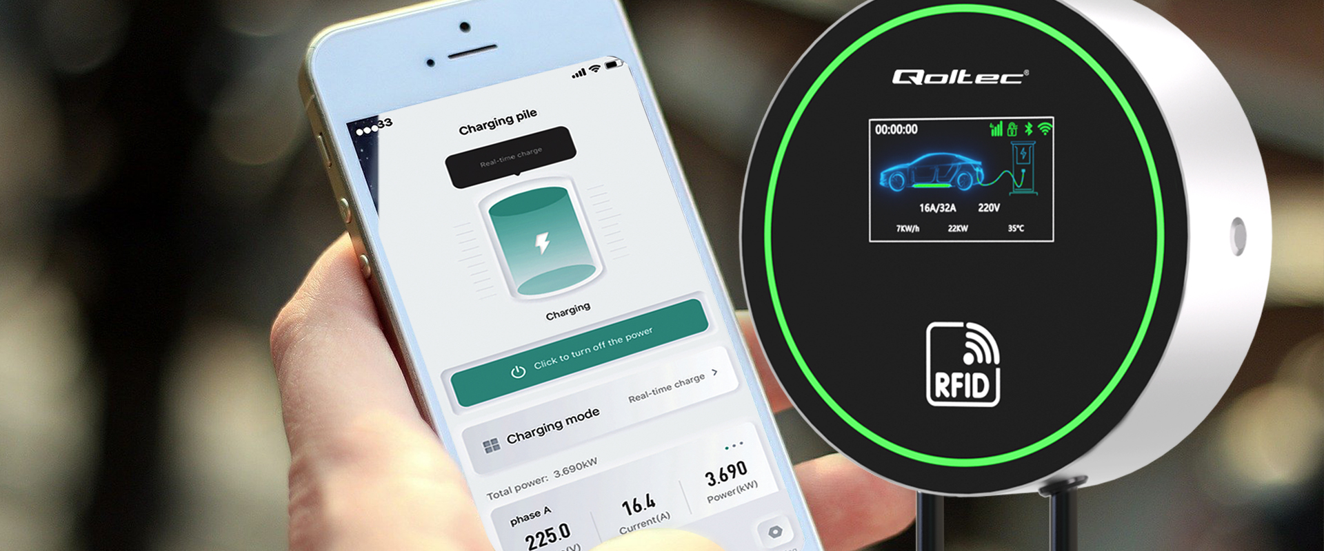 Qoltec Stacja ładowania EV Typ2 automobiliui elektrycznego i hybryd | 22kW | Wi-fi| | LCD | 3 fazy | Wallbox | Smart life | RFID | 5m aprašymas - Prekės nuotrauka