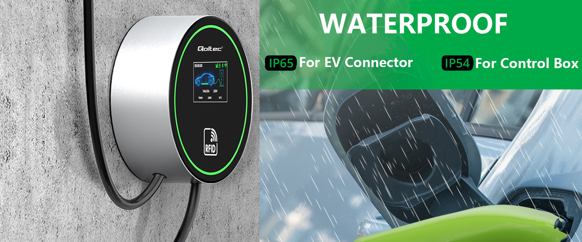 Qoltec Stacja ładowania EV Typ2 automobiliui elektrycznego i hybryd | 22kW | Wi-fi| | LCD | 3 fazy | Wallbox | Smart life | RFID | 5m aprašymas - Prekės nuotrauka