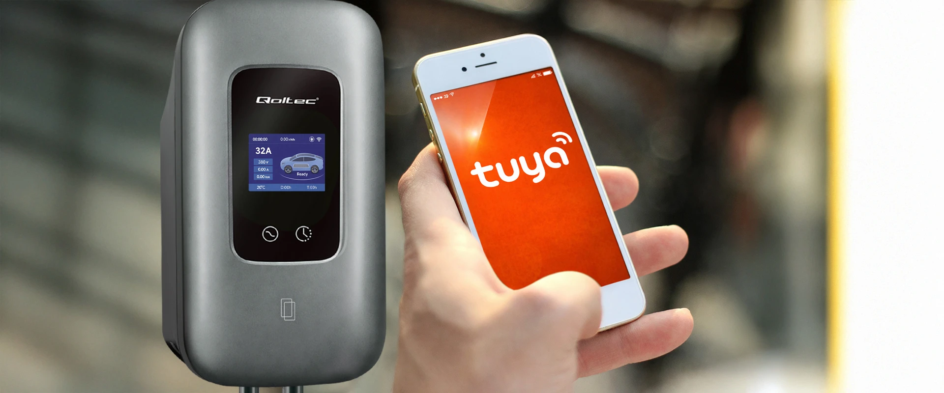 Qoltec Stacja ładowania EV Typ2 automobiliui elektrycznego i hybryd | 3 fazy | 22kW | 32A | Wi-fi | LCD | RFID | Smart life | TUYA | Wallbox | 5m aprašymas - Prekės nuotrauka