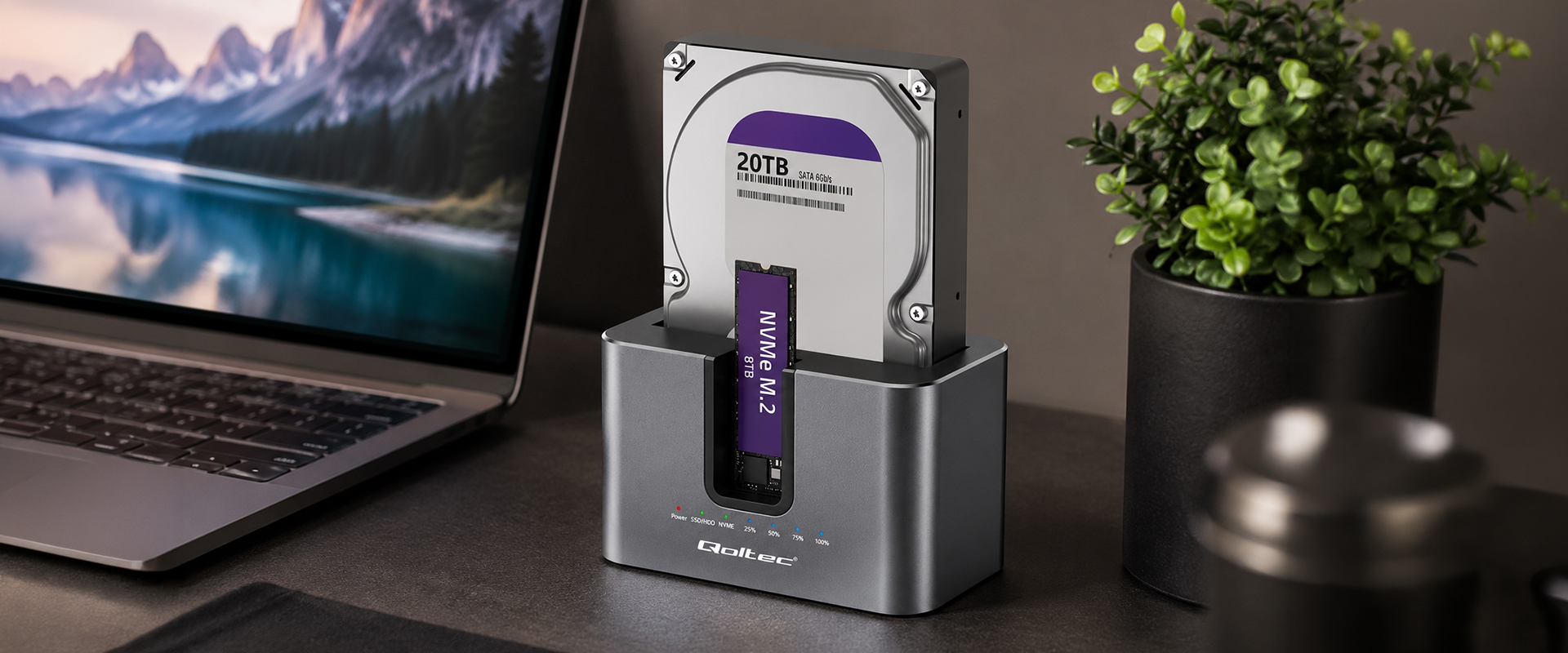 Qoltec Doko stotelė 2w1 HDD SSD | SATA | M.2 NVMe | Klonowanie | USB-C 3.2 Gen 2 | 10Gb/s | 28TB | Aliuminio aprašymas - Prekės nuotrauka Qoltec Doko stotelė 2w1 HDD SSD | SATA | M.2 NVMe | Klonowanie | USB-C 3.2 Gen 2 | 10Gb/s | 28TB | Aliuminio aprašymas - Prekės nuotrauka