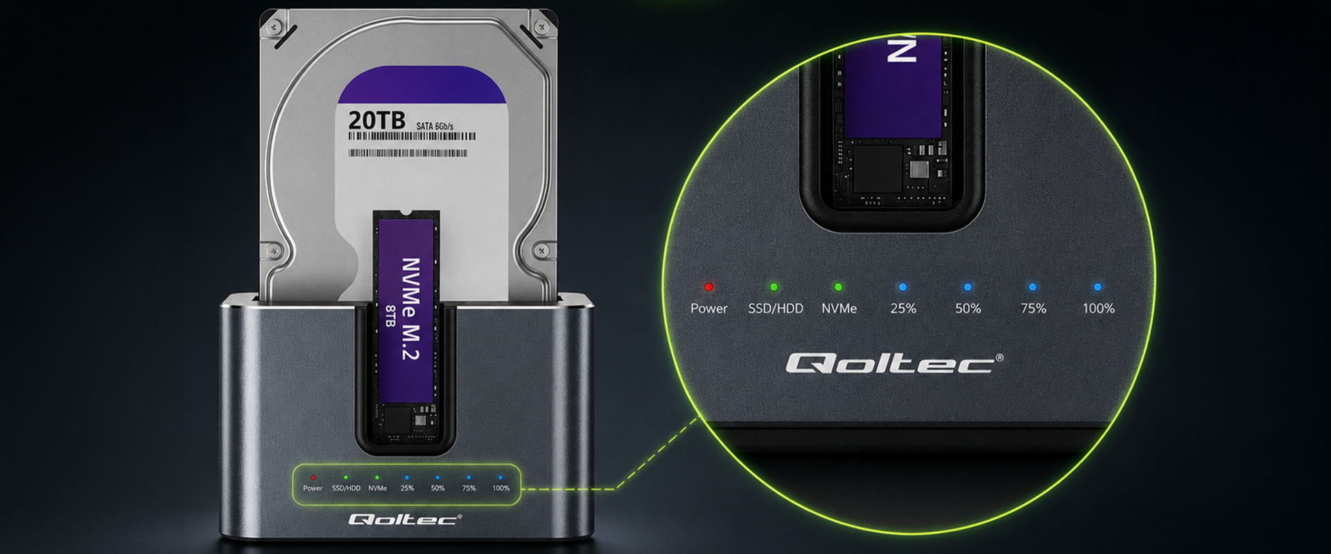 Qoltec Doko stotelė 2w1 HDD SSD | SATA | M.2 NVMe | Klonowanie | USB-C 3.2 Gen 2 | 10Gb/s | 28TB | Aliuminio aprašymas - Prekės nuotrauka Qoltec Doko stotelė 2w1 HDD SSD | SATA | M.2 NVMe | Klonowanie | USB-C 3.2 Gen 2 | 10Gb/s | 28TB | Aliuminio aprašymas - Prekės nuotrauka
