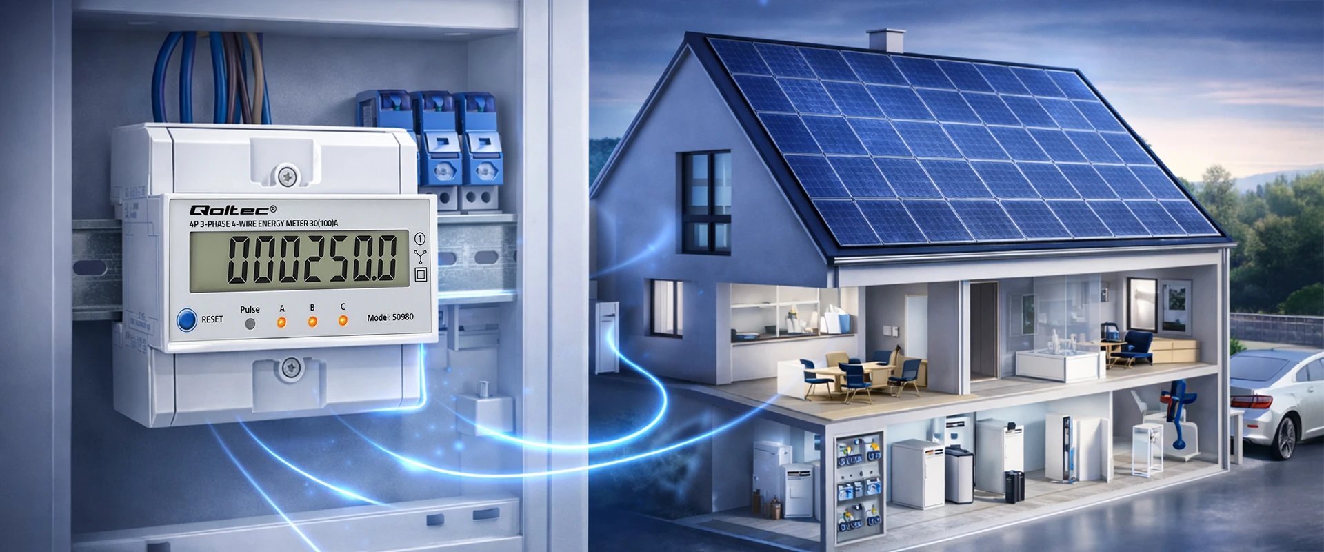 Qoltec Trójfazowy elektroninis licznik su resetem | miernik zużycia energii na szynę DIN | 400V | 100A | LCD | LED | 4P aprašymas - Prekės nuotrauka