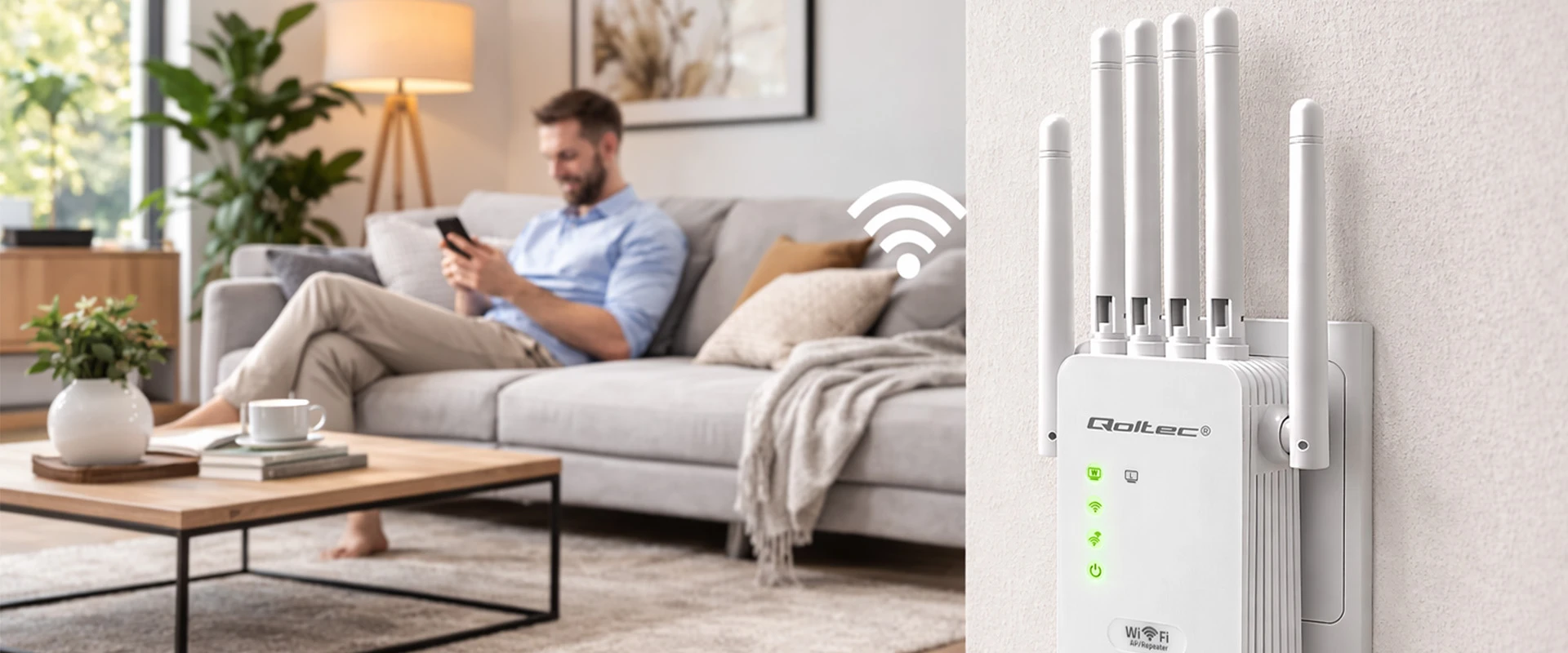 Qoltec Stiprintuvas sygnału WiFi | Repeater | Access Point | N300 | 6 anten | 2x RJ45 aprašymas - Prekės nuotrauka