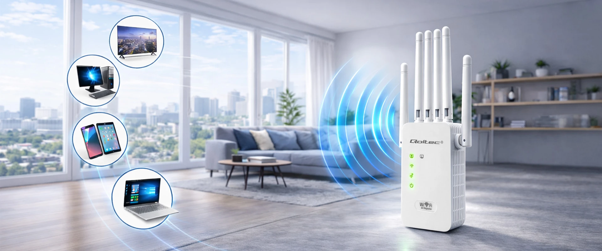 Qoltec Stiprintuvas sygnału WiFi | Repeater | Access Point | N300 | 6 anten | 2x RJ45 aprašymas - Prekės nuotrauka