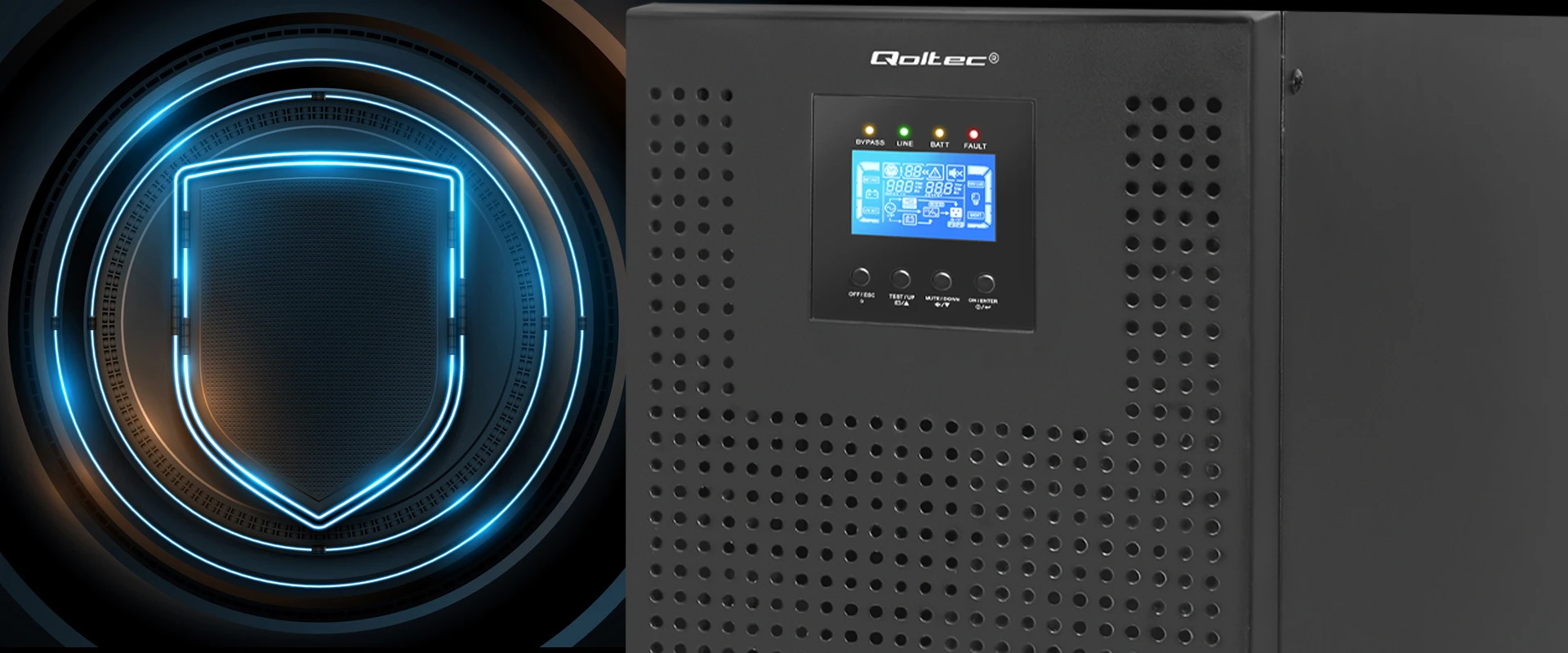 Qoltec Trifazis UPS su SNMP kortele, 20kVA, 20kW LCD, EPO, USB, galios koeficientas 1.0 aprašymas - Prekės nuotrauka