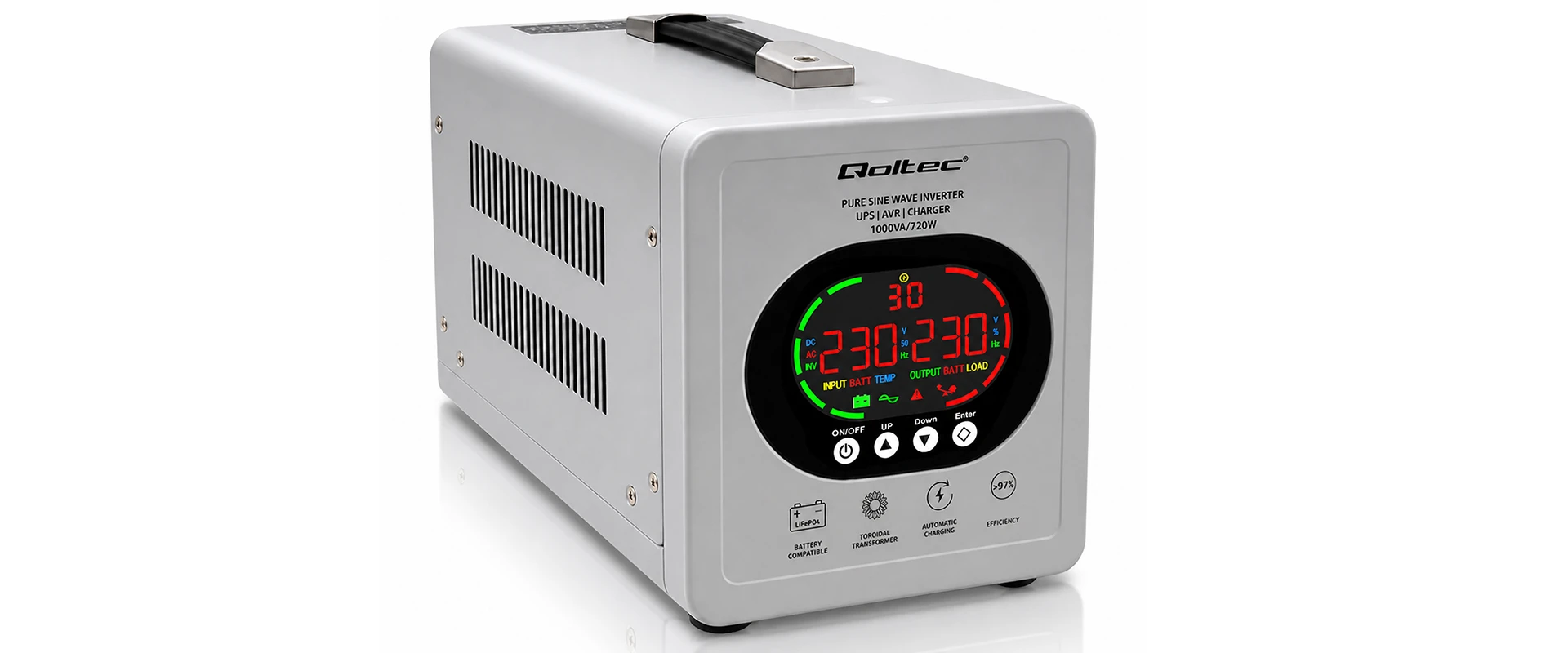 Qoltec Maitinimo šaltinis awaryjny UPS Pure Sine Wave | 1000VA/720W | Przetwornica 12/230V su AVR | LCD | LiFePO4 AGM GEL aprašymas - Prekės nuotrauka