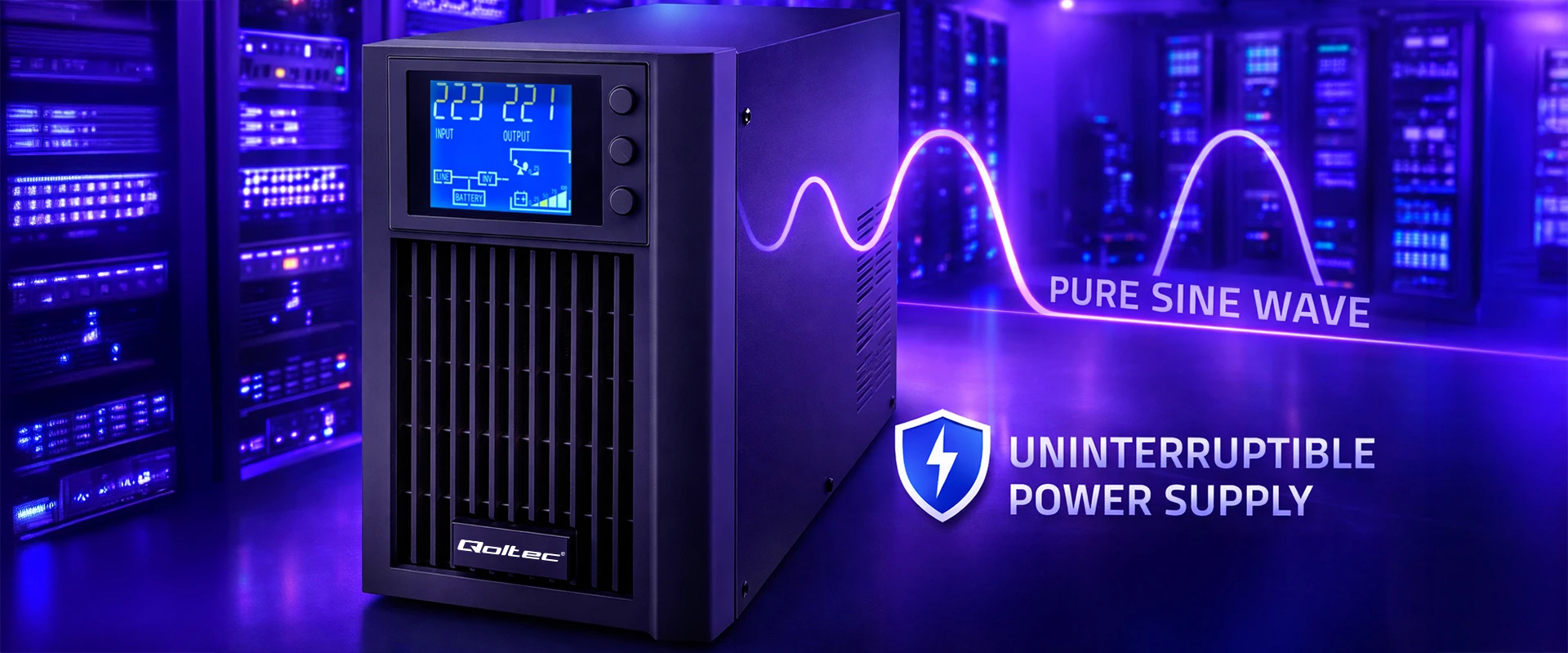 „Qoltec“ grynos sinusinės bangos | 1 kVA | 800 W | AVR | LCD | Grynas sinusas aprašymas - Prekės nuotrauka „Qoltec“ grynos sinusinės bangos | 1 kVA | 800 W | AVR | LCD | Grynas sinusas aprašymas - Prekės nuotrauka