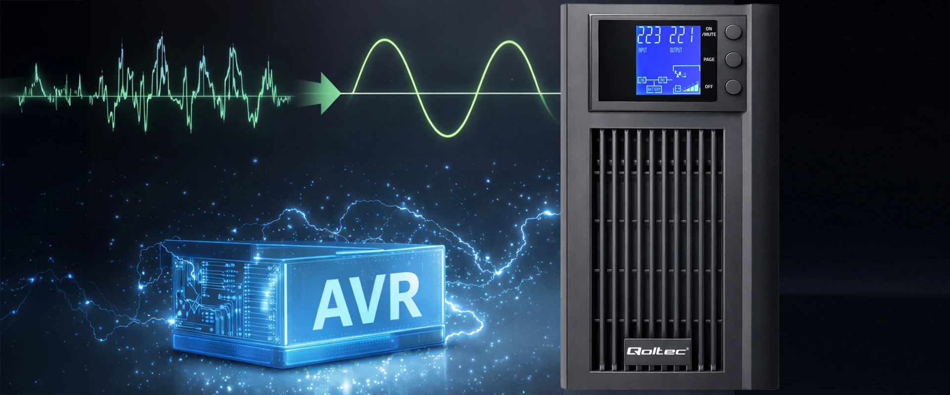 Qoltec Pure Sine Wave | 3kVA | 2400W | AVR | LCD | Czysty Sinus aprašymas - Prekės nuotrauka Qoltec Pure Sine Wave | 3kVA | 2400W | AVR | LCD | Czysty Sinus aprašymas - Prekės nuotrauka