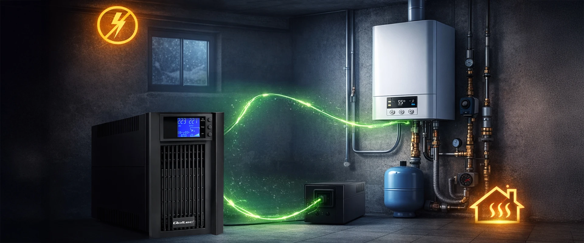 Qoltec Pure Sine Wave | 3kVA | 2400W | AVR | LCD | Czysty Sinus aprašymas - Prekės nuotrauka Qoltec Pure Sine Wave | 3kVA | 2400W | AVR | LCD | Czysty Sinus aprašymas - Prekės nuotrauka