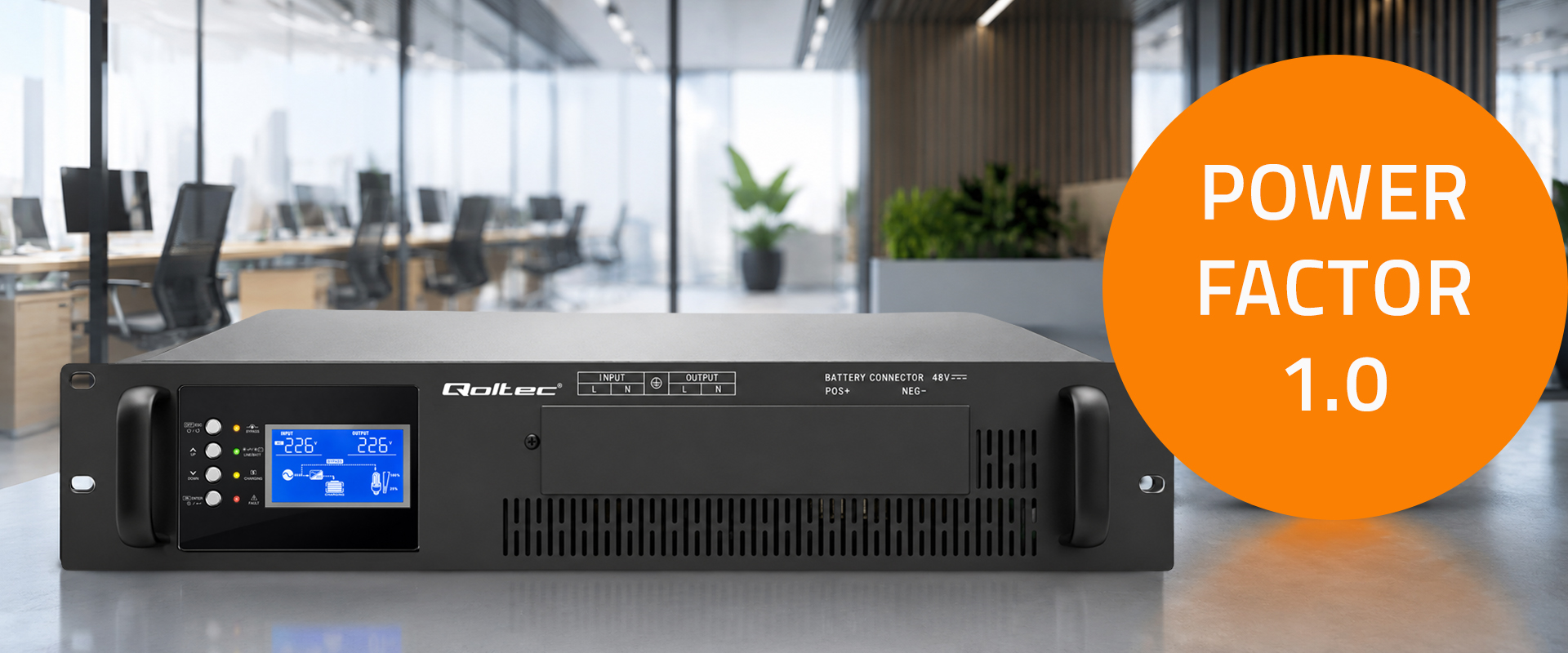 Qoltec Maitinimo šaltinis awaryjny UPS Pure Sine Wave do RACK | 3kVA | 3000W | PF 1.0 | LCD | EPO | USB | On-line | Kompatybilność su LiFePO4 AGM GEL aprašymas - Prekės nuotrauka