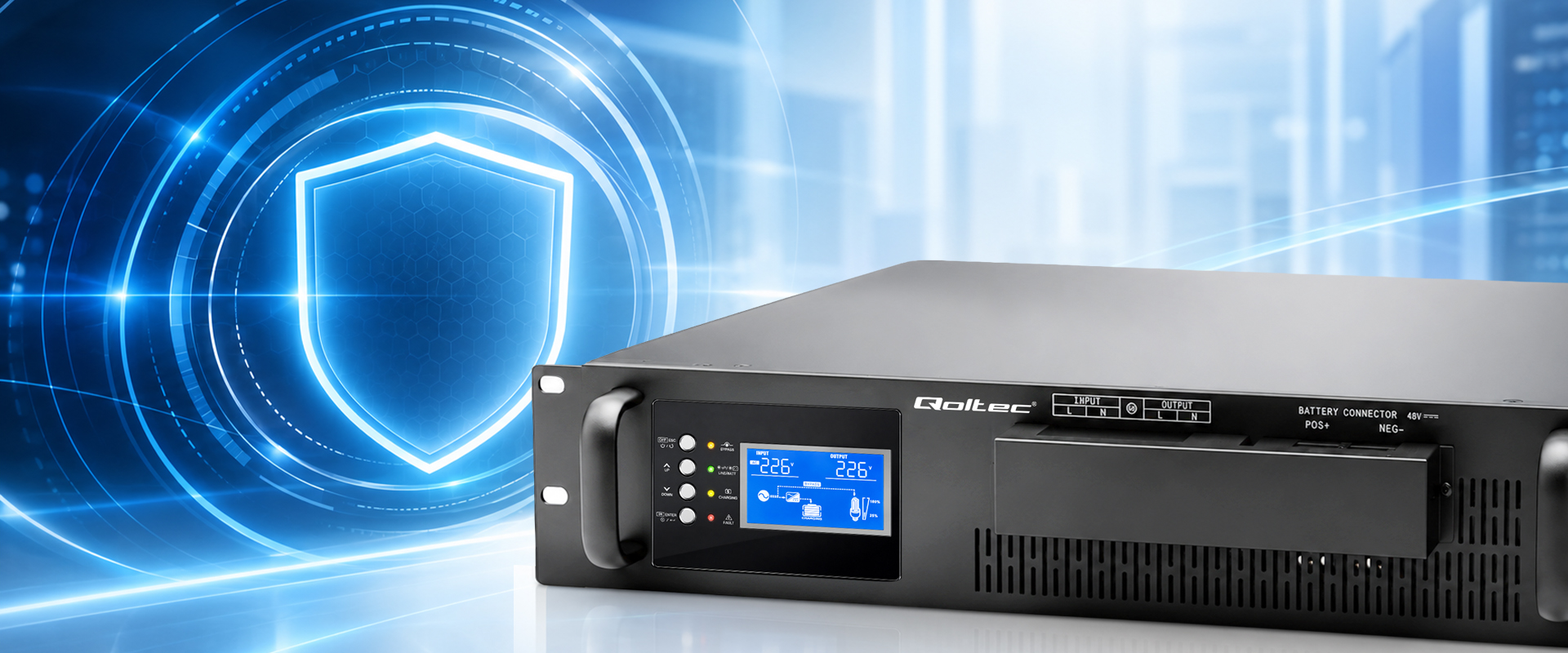 Qoltec Maitinimo šaltinis awaryjny UPS Pure Sine Wave do RACK | 5kVA | 5000W | PF 1.0 | LCD | EPO | USB | On-line | Kompatybilność su LiFePO4 AGM GEL aprašymas - Prekės nuotrauka