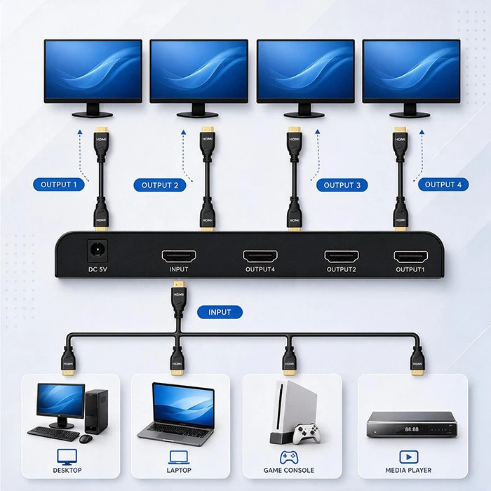 Qoltec 51798 aktyvus HDMI skirstytuvas 4 x HDMI 4K x 2K | 3,4 Gb/s