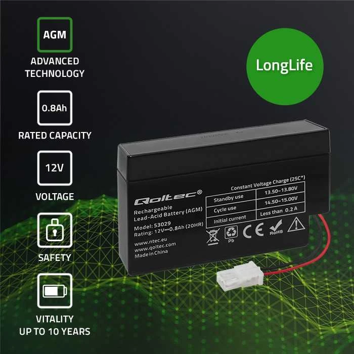 QOLTEC AGM baterija 12V 0,8Ah maks. 12A