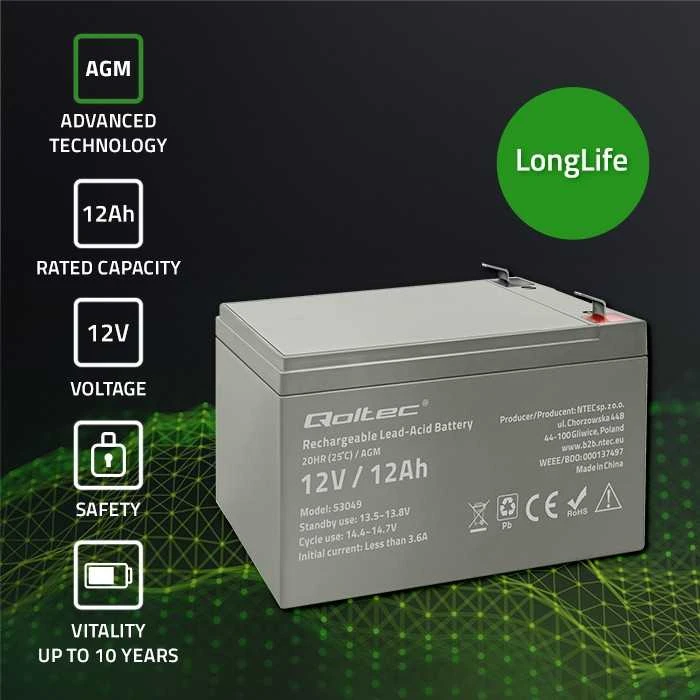 QOLTEC AGM baterija 12V 12Ah