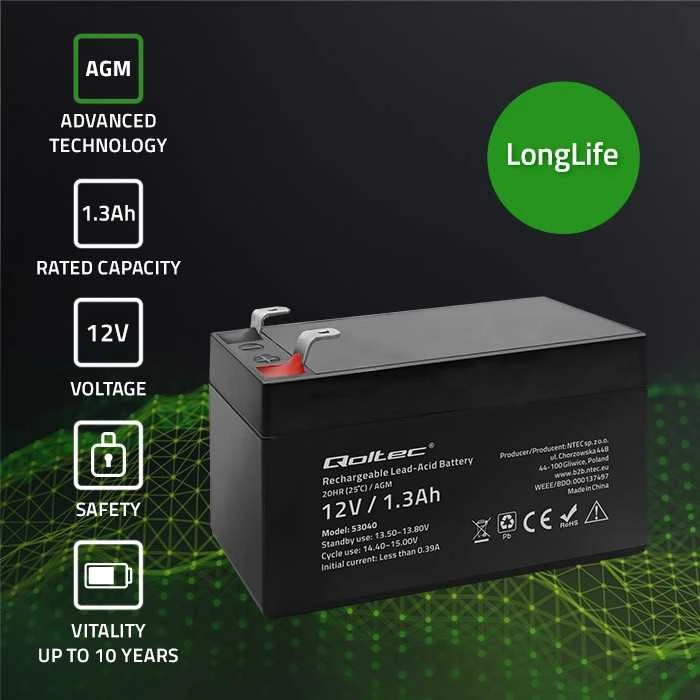 QOLTEC 53040 Baterija AGM 12V 1.3Ah max.0.39A