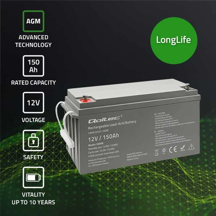 QOLTEC 53068 AGM baterija 12V 150Ah maks. 2250A
