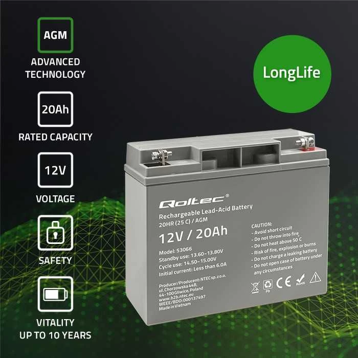 QOLTEC 53066 AGM baterija 12V 20Ah maks. 300A