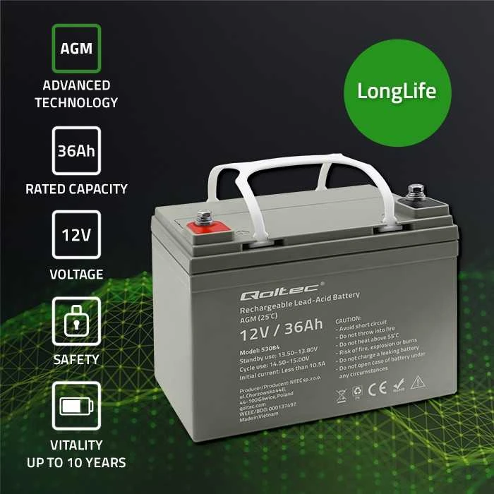 Qoltec 53084 AGM akumuliatorius | 12V | 36Ah