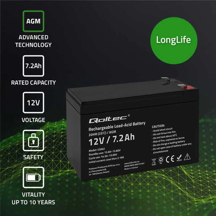QOLTEC 53062 AGM baterija 12V 7.2Ah max 108A