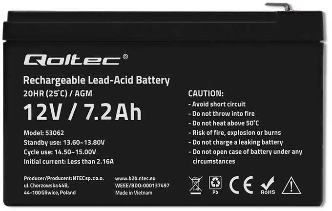 QOLTEC 53062 AGM baterija 12V 7.2Ah max 108A
