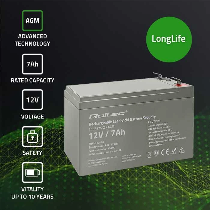 QOLTEC 53076 AGM baterija 12V 7Ah maks. 105A apsauga