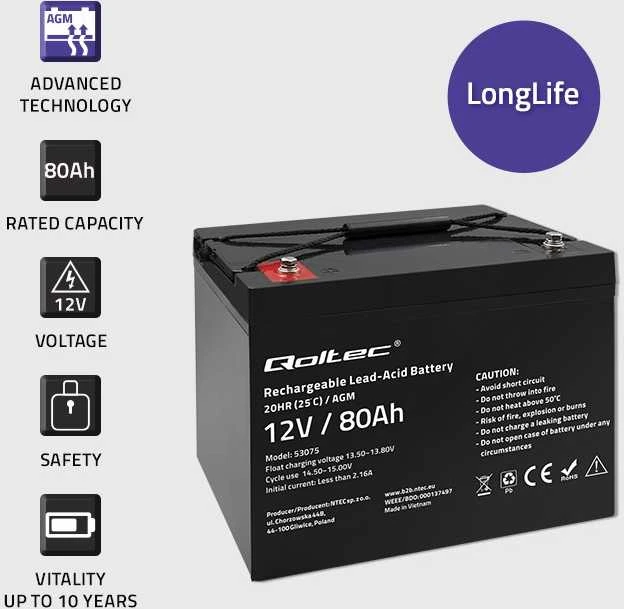 QOLTEC 53075 AGM baterija 12V 80Ah