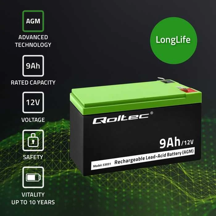 QOLTEC 53031 gelio baterija 12V 9Ah max.90A AGM