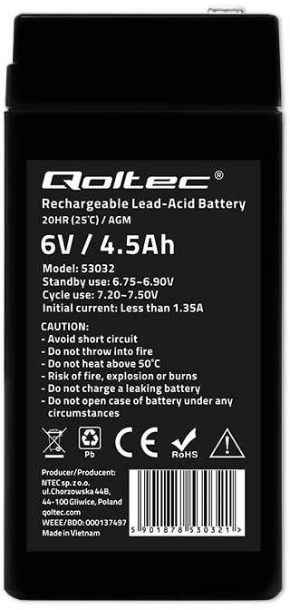 QOLTEC 53032 Baterija AGM 6V 4.5Ah max. 1.35A