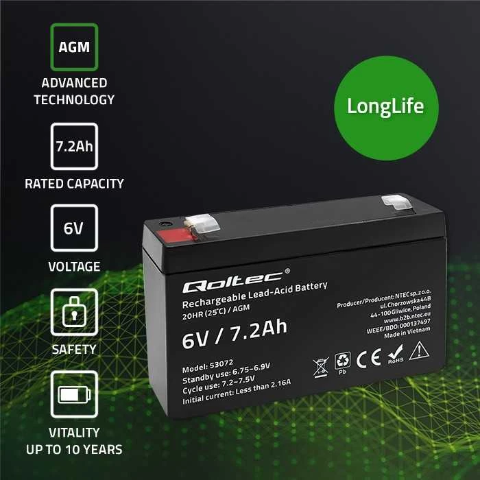 QOLTEC Baterija AGM 6V 7.2Ah