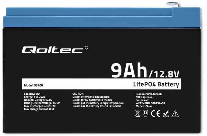 QOLTEC 53700 LiFePO4 ličio geležies fosfato baterija / 12,8V / 9Ah / 115,2Wh / BMS