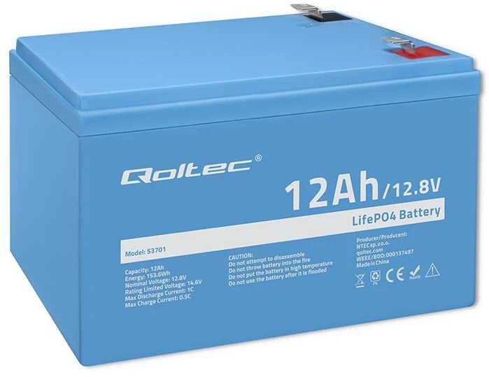 QOLTEC 53701 LiFePO4 ličio geležies fosfato baterija / 12,8V / 12Ah / 153,6Wh / BMS