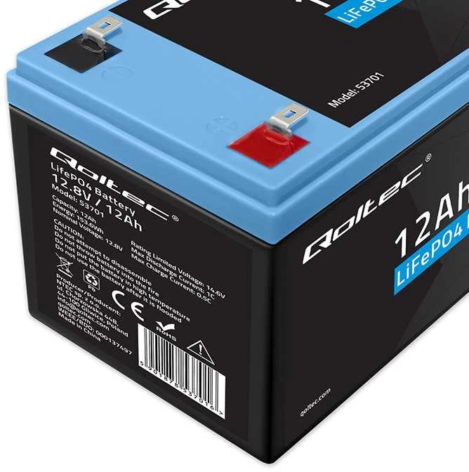 QOLTEC 53701 LiFePO4 ličio geležies fosfato baterija / 12,8V / 12Ah / 153,6Wh / BMS
