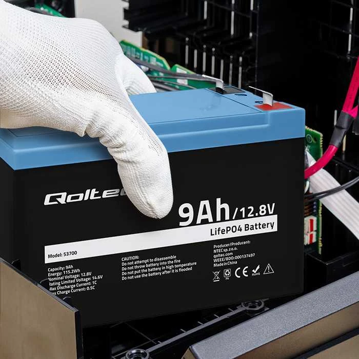 QOLTEC 53700 LiFePO4 ličio geležies fosfato baterija / 12,8V / 9Ah / 115,2Wh / BMS